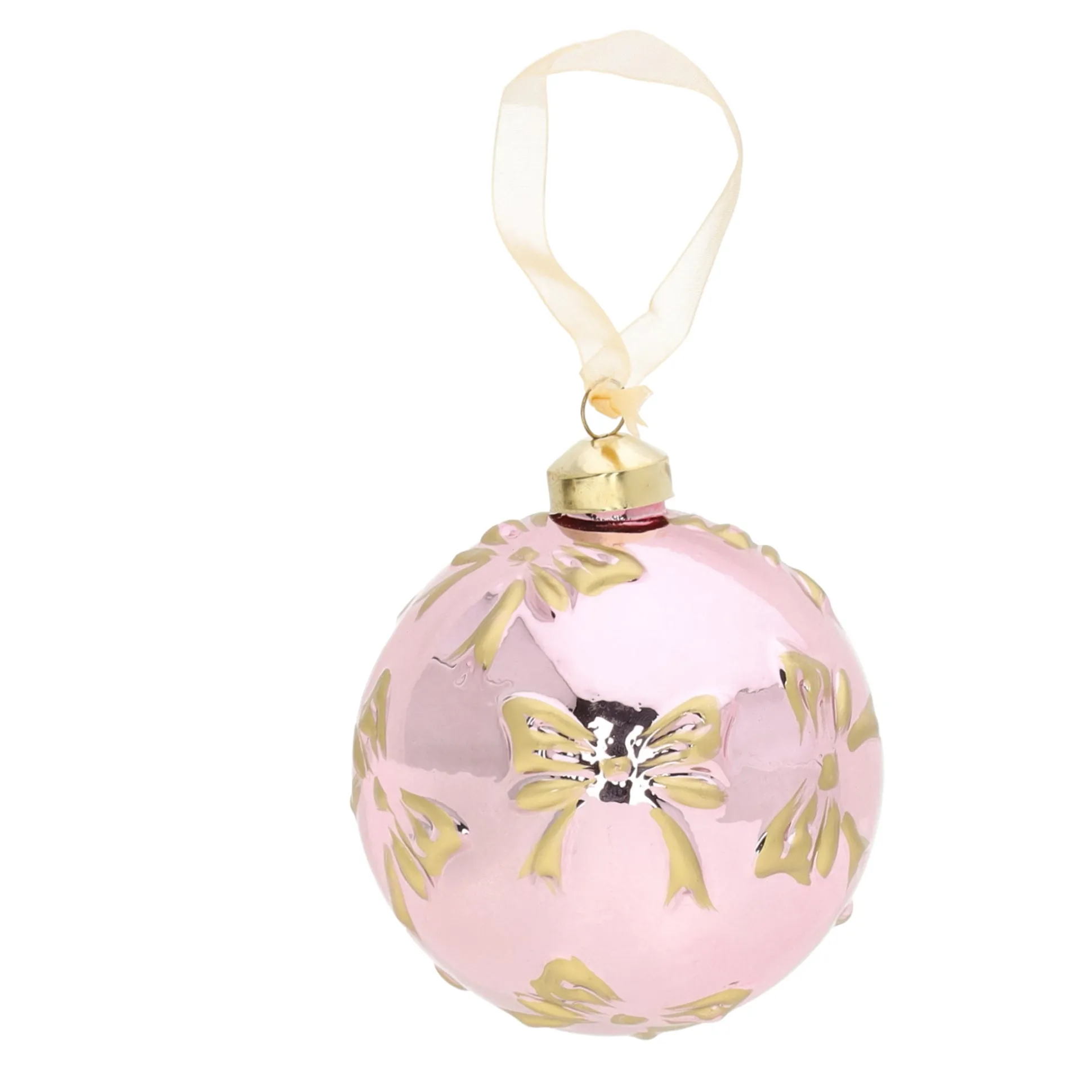 Kerstbal glas roze strikjes 10 cm